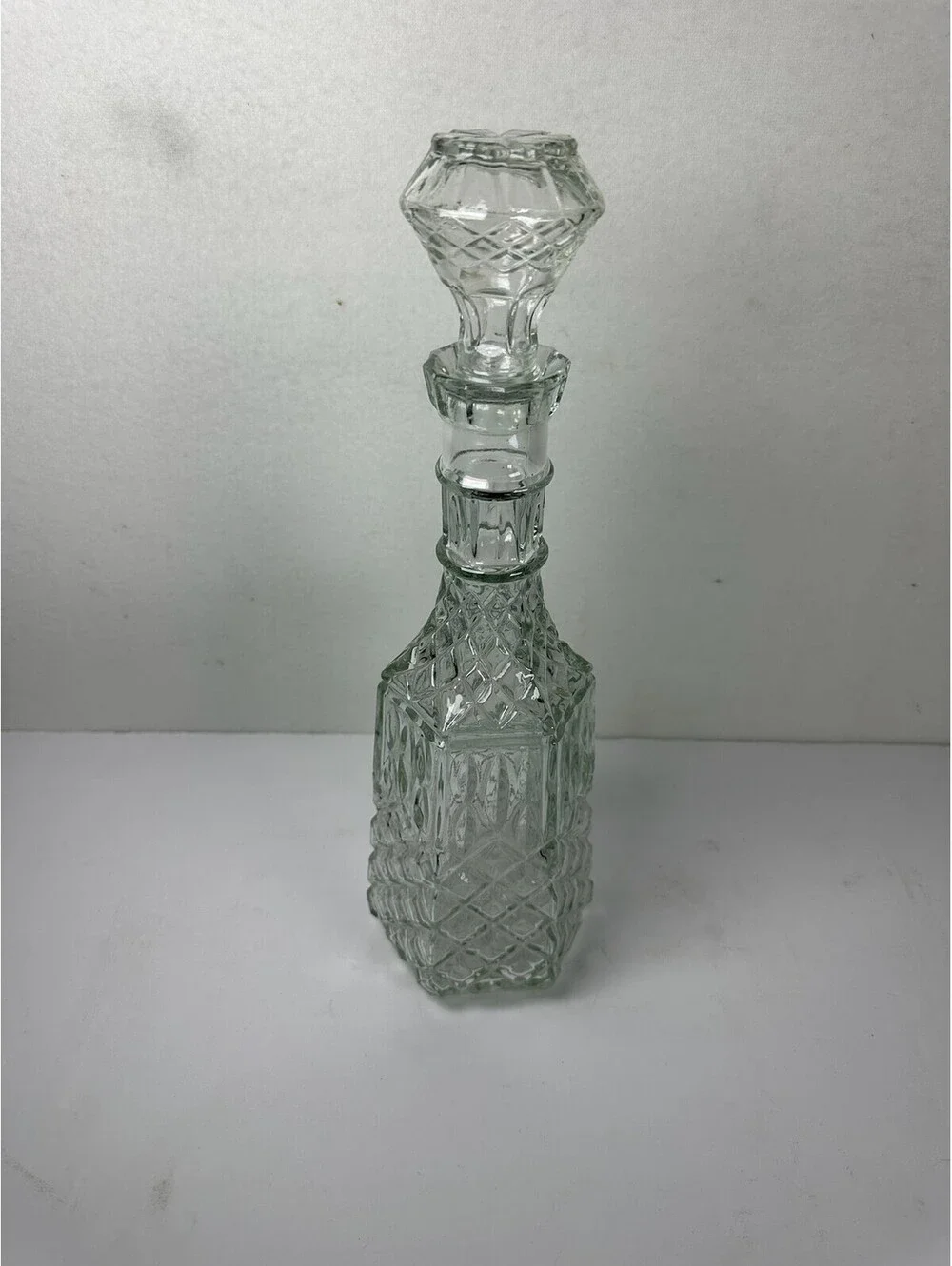 Vintage Clear Glass Decanter Diamond Cut Pattern Barware C 13